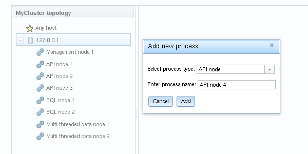 Most content is described in the surrounding text. Shows a window titled "Add new process" with two options: "Select process type:" that shows a select box with "API node" selected, and "Enter process name:" with "API node 4" entered as plain text. Action buttons include "Cancel" and "Add".